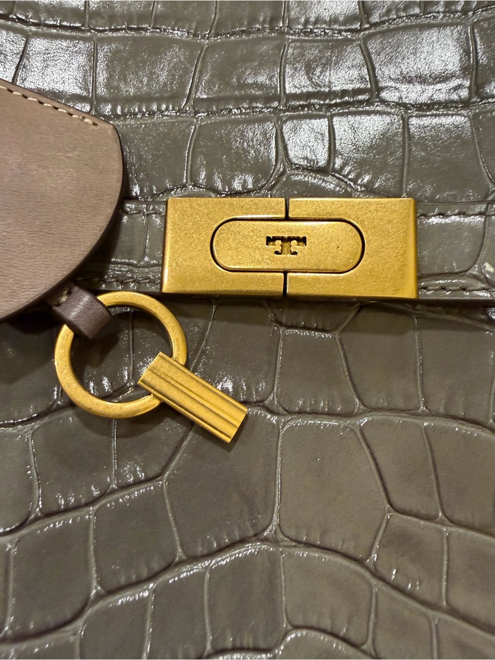 NWT Tory Burch Lee Radziwill Croc-Embossed Leather 2 Way Bag in Mineral Gray - Picture 13 of 16